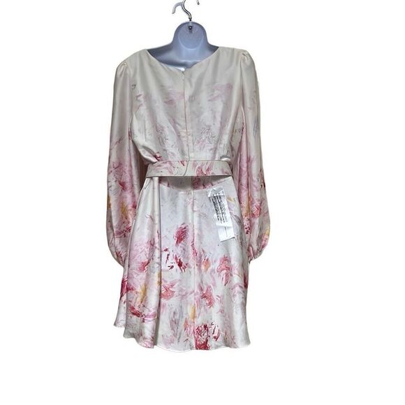 BCBG Maxazria Pink White Floral Satin Mini Dress Belted Pockets NWT 16 $348 MSRP - Picture 2 of 16